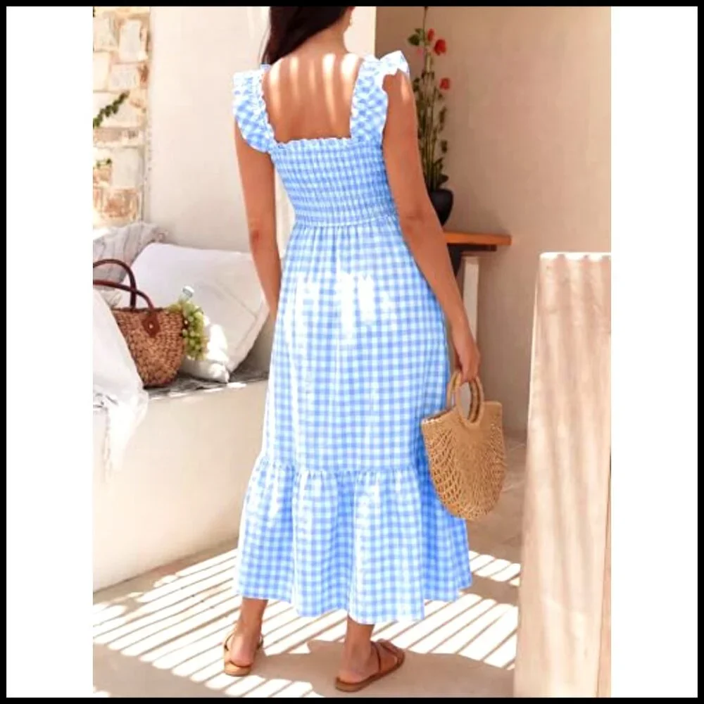 Summer Maxi Dress Spaghetti Strap Smocked Gingham Casual Long Sundress - Picture 6 of 7